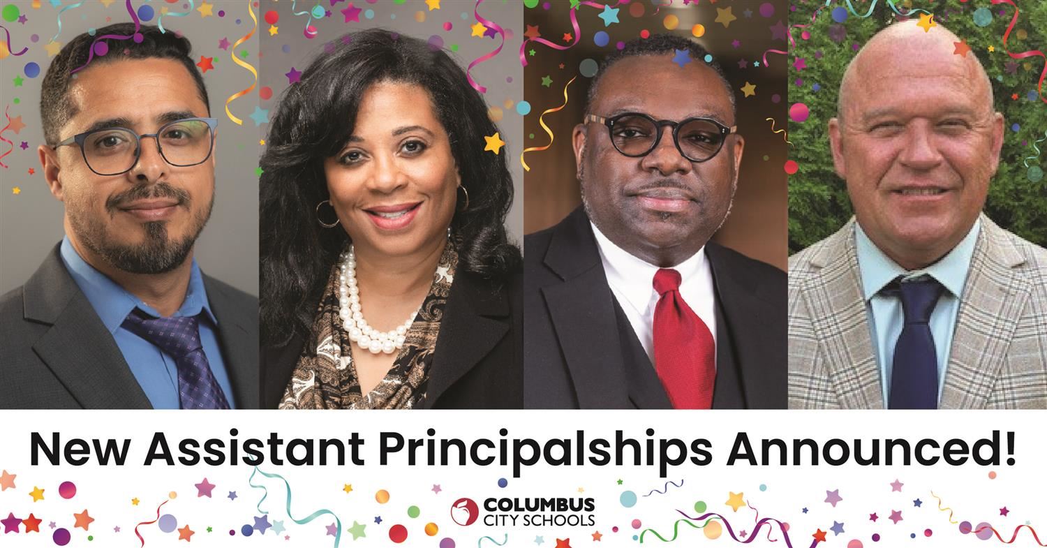 four headshots of three men and one woman surrounded by confetti